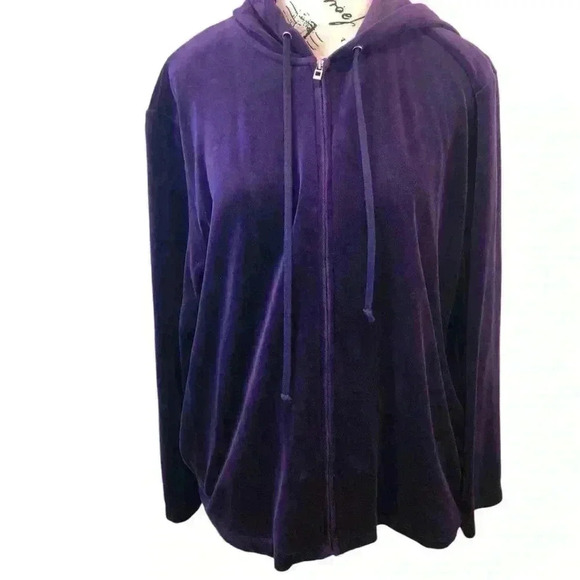 Josephine Chaus Sport Large Velour Purple Full Zip Jacket Pockets hooded - Picture 1 of 5